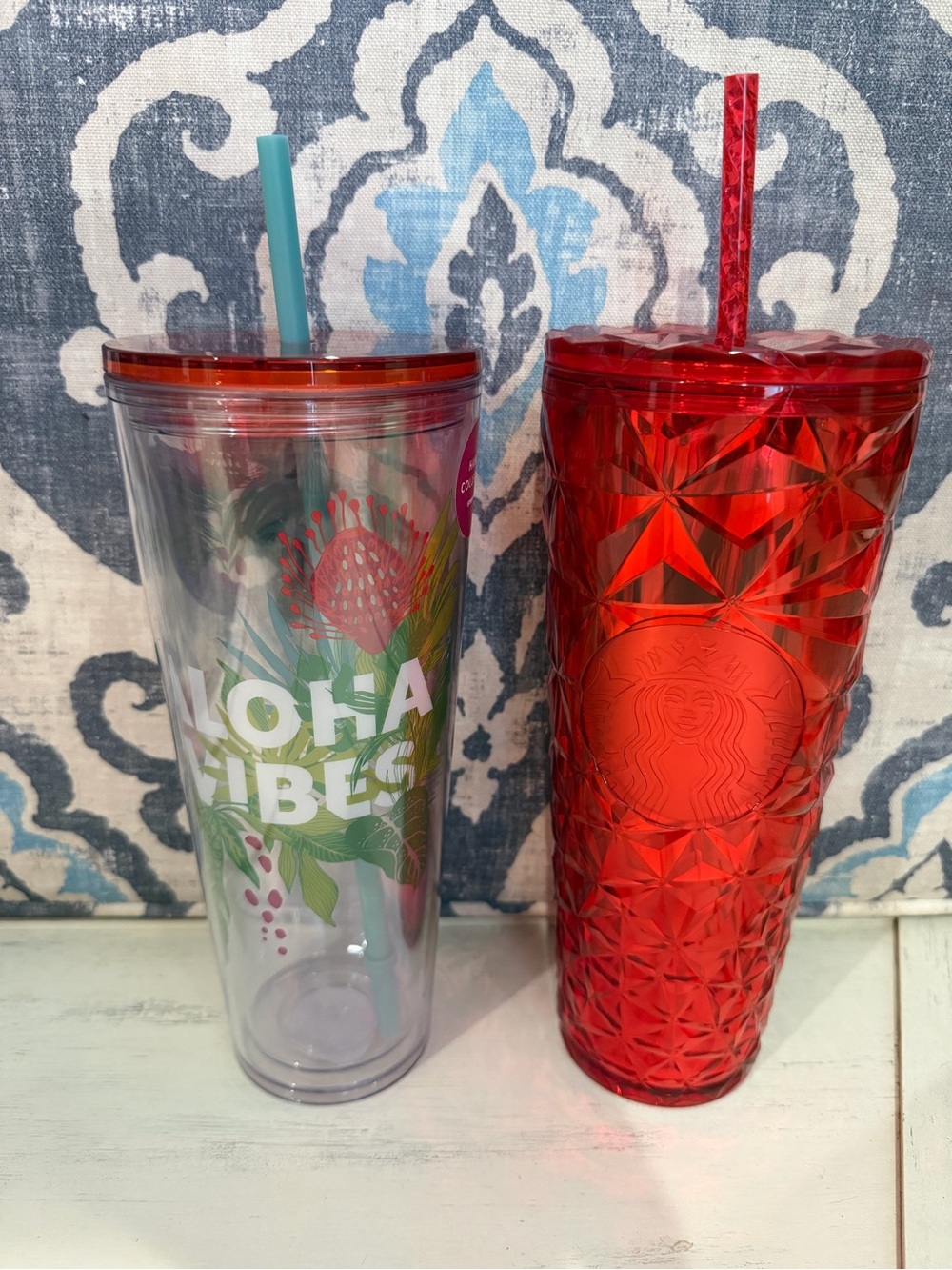 Starbucks Red Faceted Cold Cup Tumbler with Straw